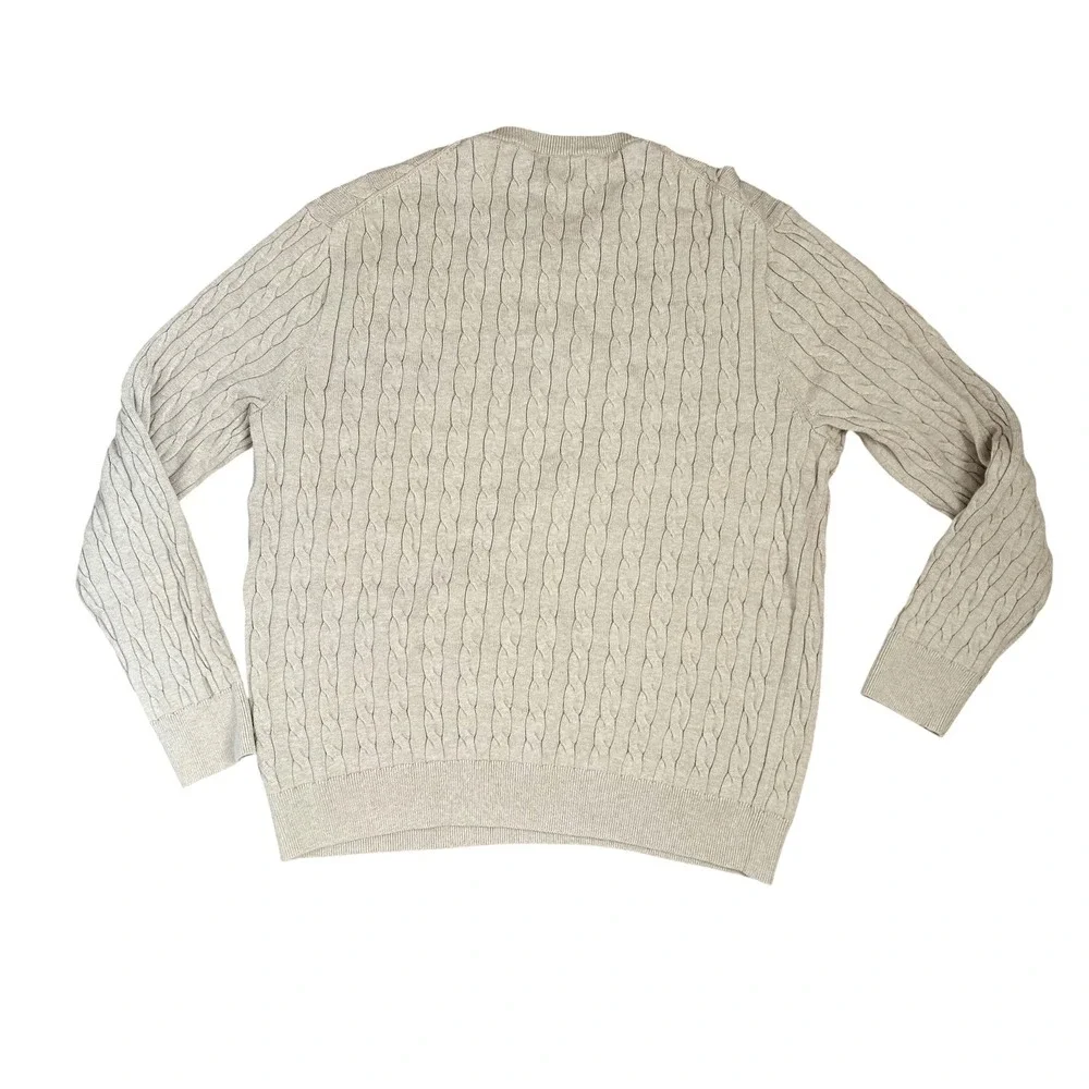 J. Crew Mens Large Beige Cotton Cable Knit Crewneck Sweater Preppy Fisherman